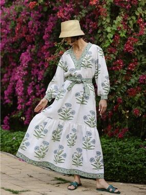 Maison Marigold Floral Block Print Maxi Dress Boho India Medium White Blue Green